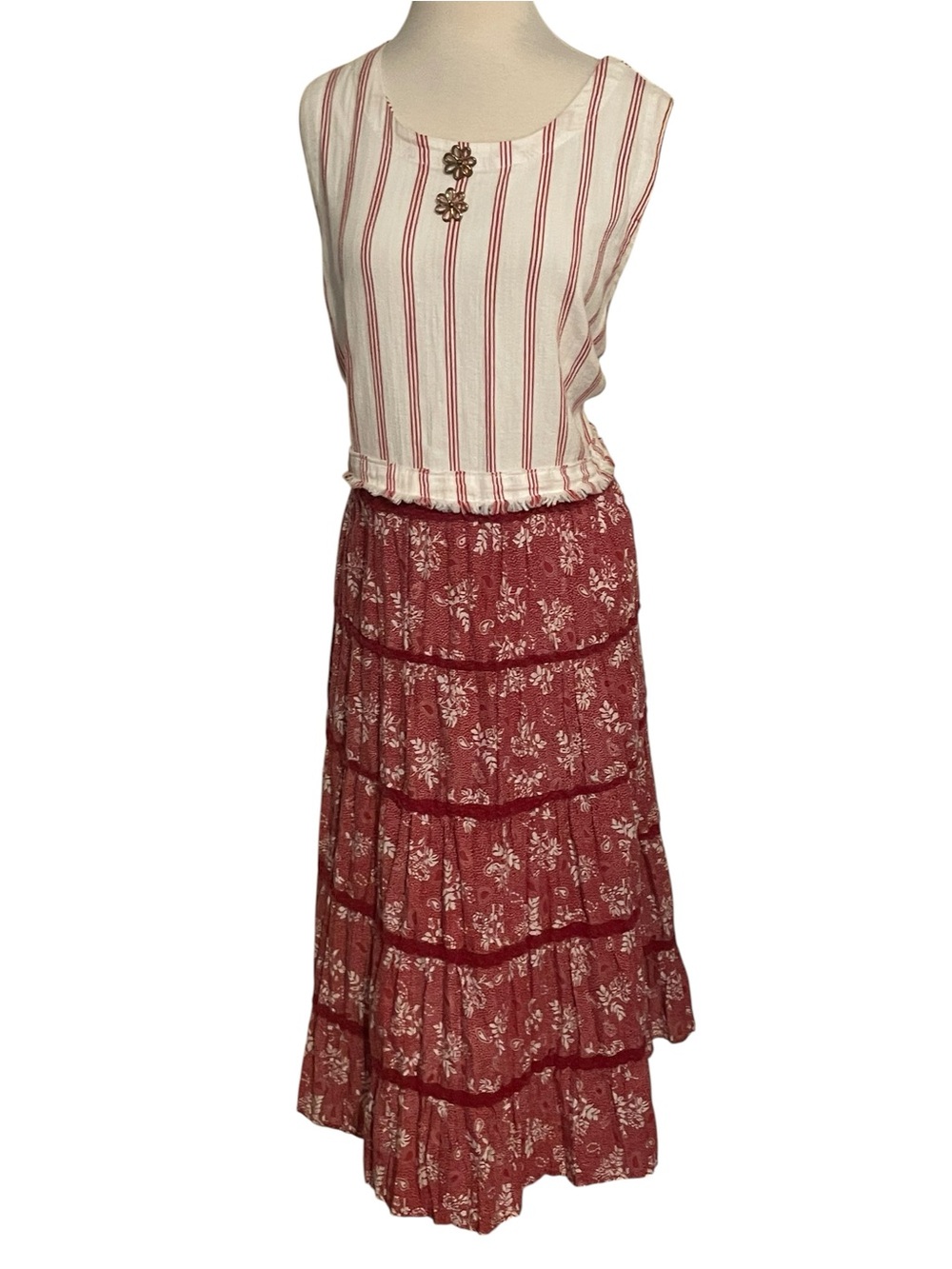 Laugh Bespoke Vintage Upcycled Boho Tiered Red White Maxi Dress Womens XXL - Picture 3 of 15